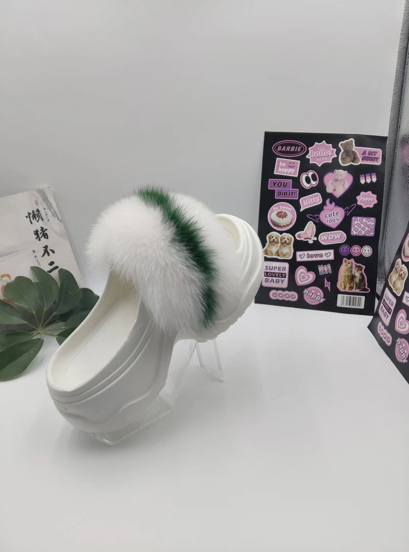 狐狸毛时尚白搭休闲女士一字拖高跟6厘米2025新款夏季真毛拖鞋