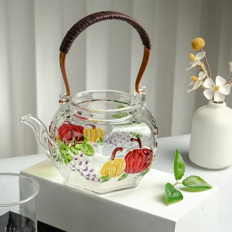 手绘蒸煮茶壶耐热大容量泡茶壶玻璃耐高温提梁壶家用电陶炉冲茶