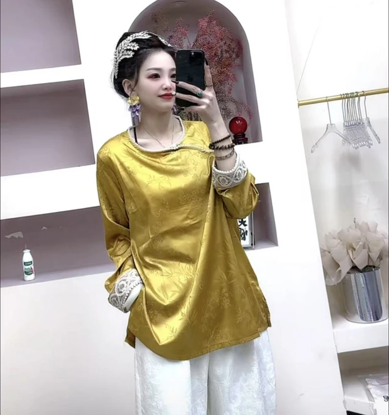 【好鑫晴】春季新款拼接袖新中式打底衬衫女国风斜襟上衣