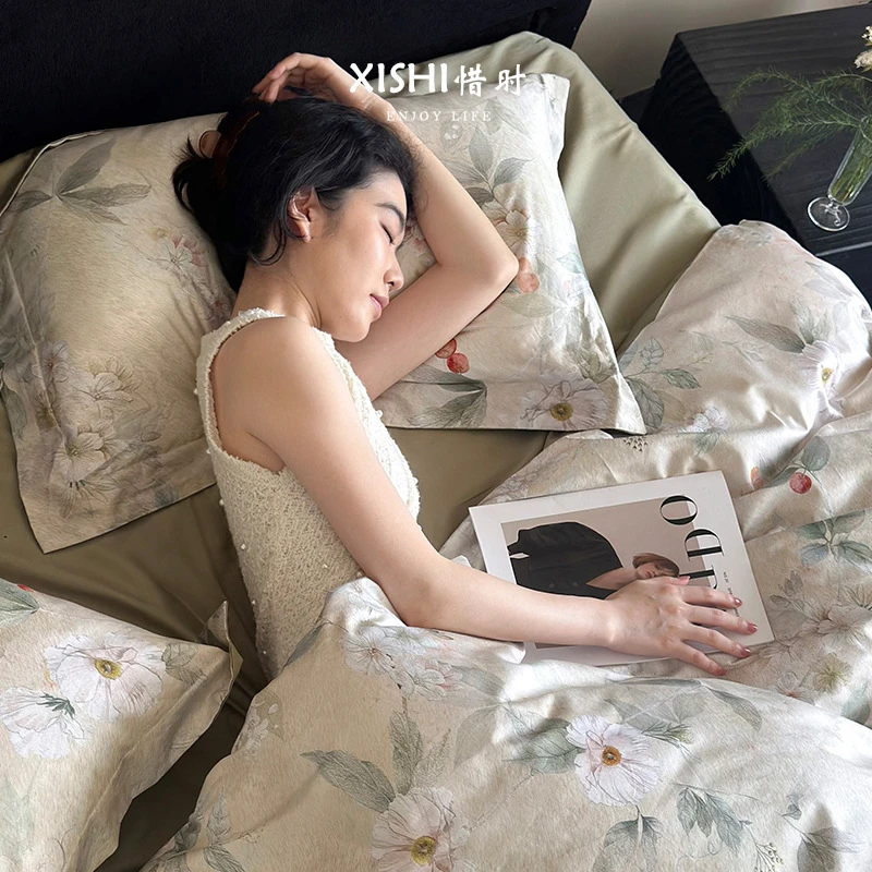 中式素雅100S长绒棉数码印花四件套居家裸睡全棉四季床品被单枕套