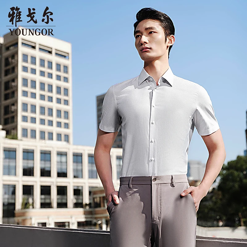 【14%桑蚕丝免烫】雅戈尔官方25夏格纹商务休闲短袖衬衫男夏季男士