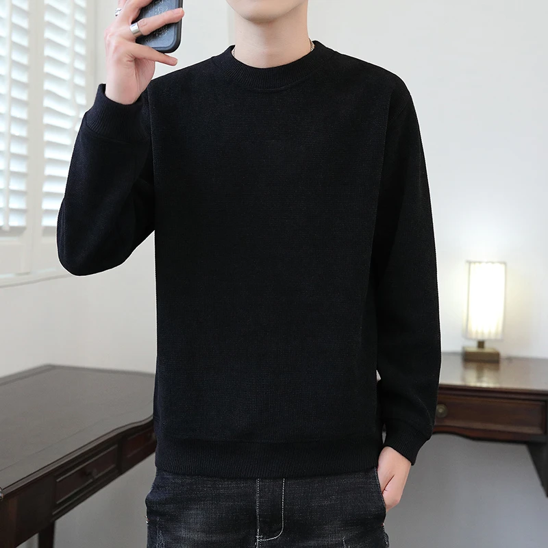 纯色男士毛衣秋冬季一体绒圆领时尚潮流青少年针织打底衫保暖冬装