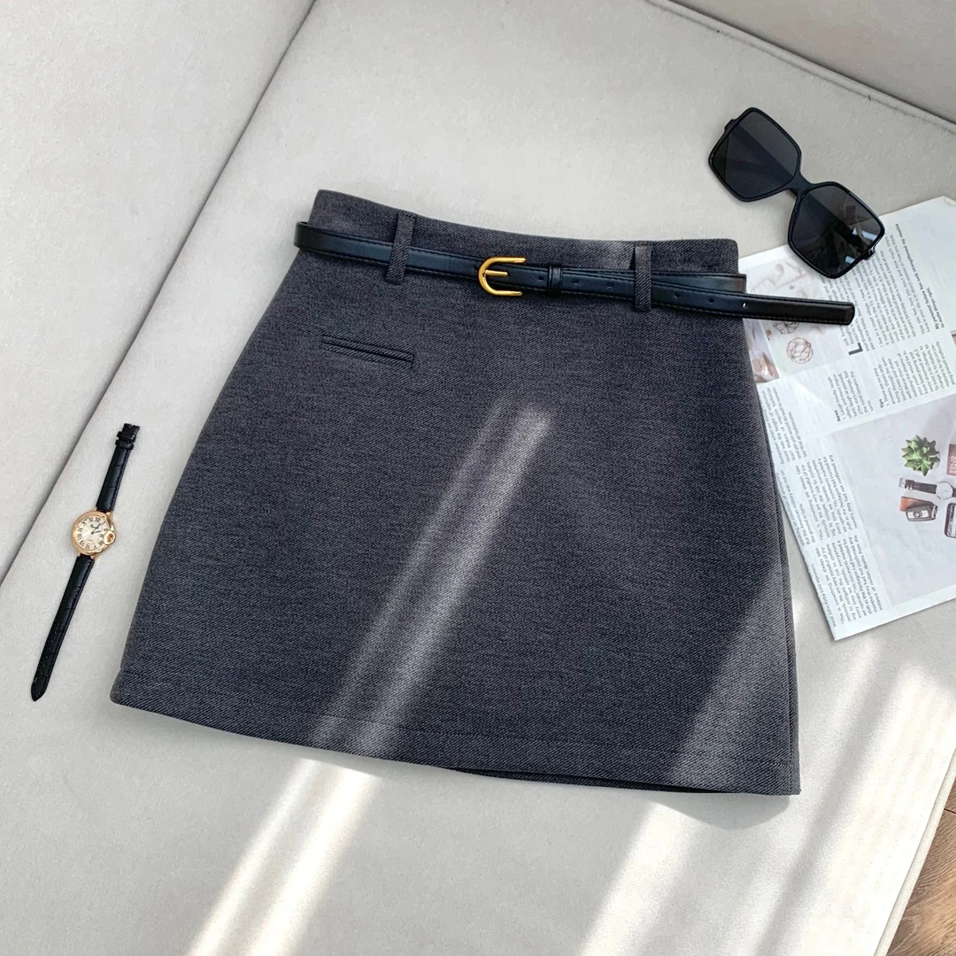 【南油溪溪】冬季毛呢腰带短裙假口袋高腰显瘦包臀A字半身裙800220