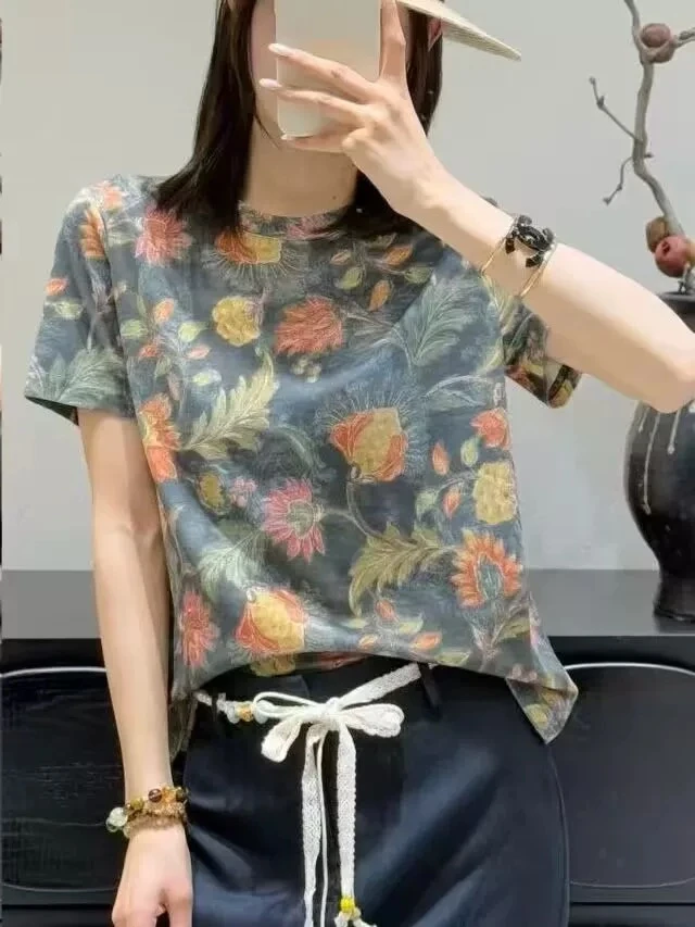 【锦衣服饰】NINI 6753（6758）时尚百搭七彩花短袖圆领T恤