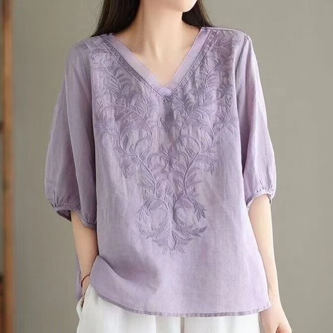 高档女装夏季复古风棉麻V领短袖上衣女士宽松大码刺绣薄款小衫