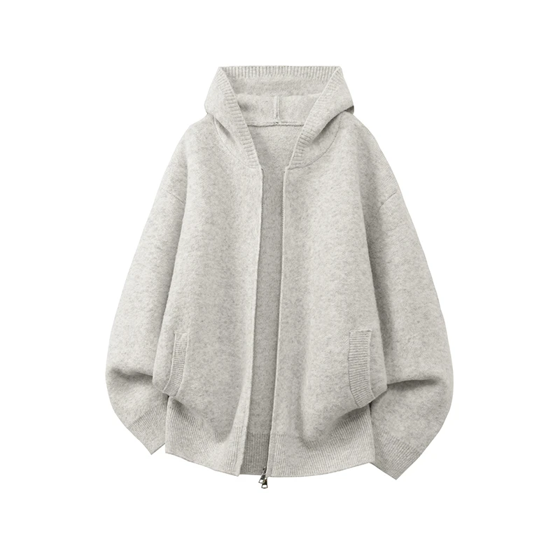 复古双拉链连帽针织衫纯色男款秋季潮牌高级感慵懒风开衫毛衣外套