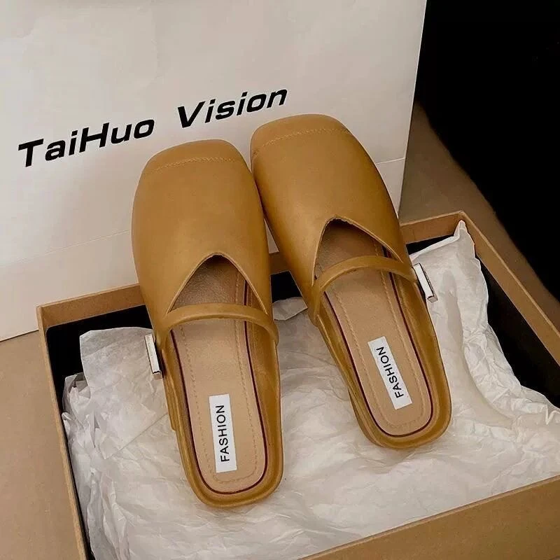 2025新款懒人鞋复古一脚蹬凉拖女平底包头半拖鞋女夏外穿沙滩凉拖