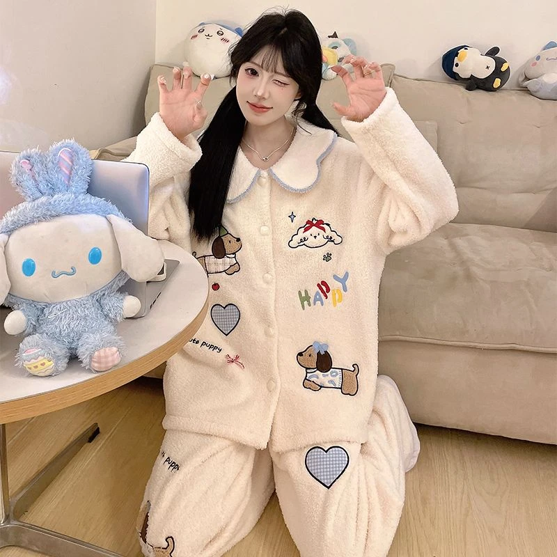 半边绒家居服大翻领长袖睡衣女款爆款2025新款高档加厚冬季两件套