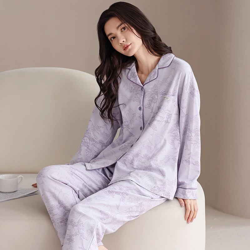 【紫气东来】女士纯棉紫色国风开衫长袖睡衣家居服套装加厚可外穿
