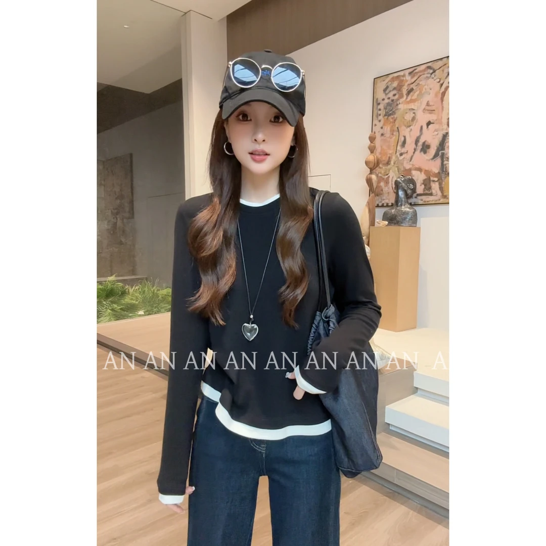 C07260早秋新款洋气显瘦套头基础款长袖撞色假两件打底衫T恤