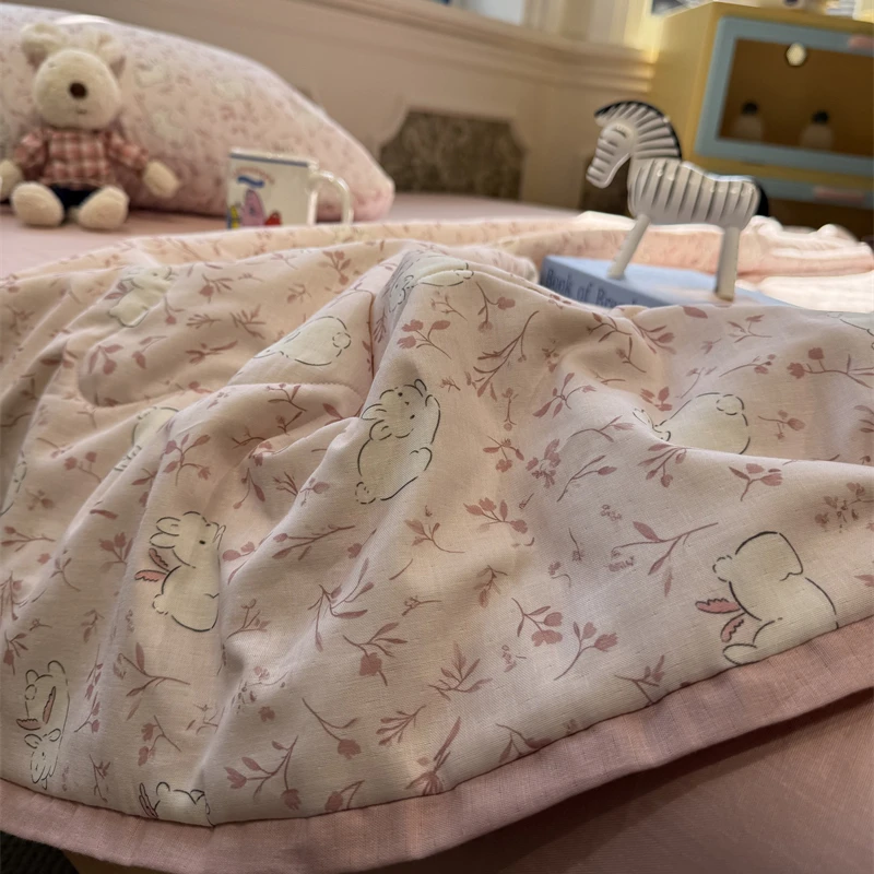 易安阁双层纱韩系粉嫩小兔子夏凉被四件套单双人被芯空调被薄被子