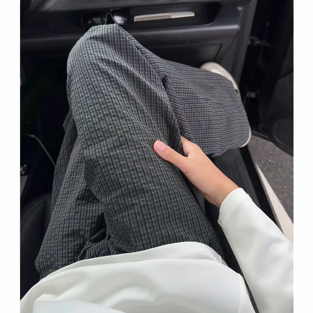 泡泡纱格纹弯刀裤男早秋宽松大码休闲小西裤老钱风松弛感简约长裤