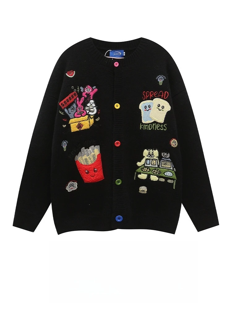 BO新款慵懒风卡通趣味多巴胺针织开衫男女美式复古情侣毛衣外套