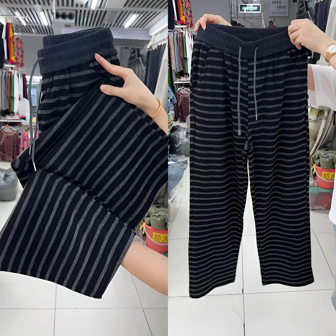 条纹阔腿裤加绒免烫处理高腰休闲裤松紧腰简约通勤/韩版