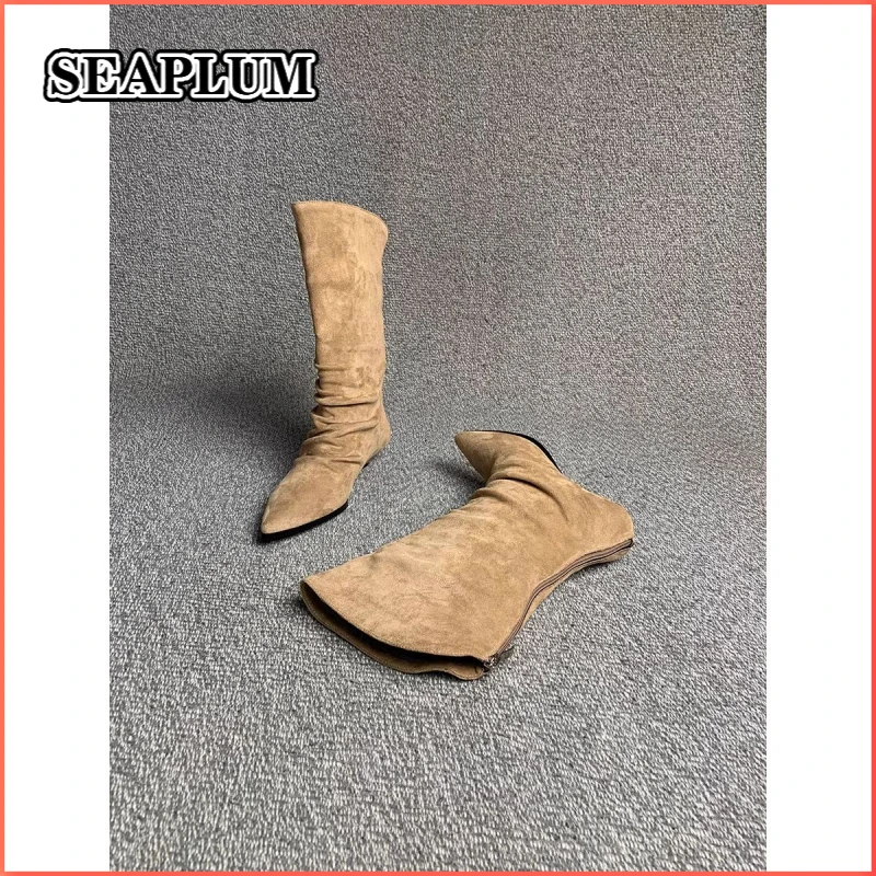 SEAPLUM尖头斜口瘦瘦靴女褶皱堆堆西部靴女显瘦百搭绒面短靴3cm