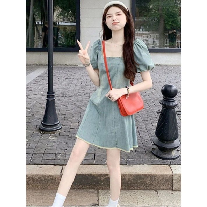 2025夏季新款做旧泡泡袖设计感牛仔连衣裙韩版复古收腰百搭A字裙