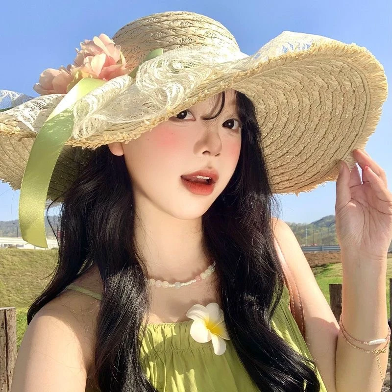 花朵蝴蝶结蕾丝拉菲草帽女海边沙滩度假风大帽檐遮阳防晒太阳帽子