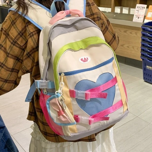 双根竖式爱心公主风拉链双肩包女孩小学生森系休闲少女双肩背包lo