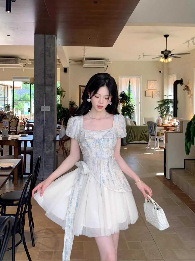 初恋夏季蝴蝶新款设计感拼接假两件甜美短袖连衣裙女显瘦裙子