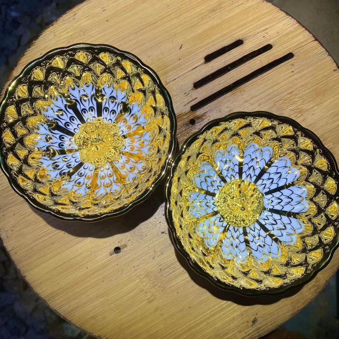 手工茶器 金玉满堂盘龙+太阳花孔雀对杯