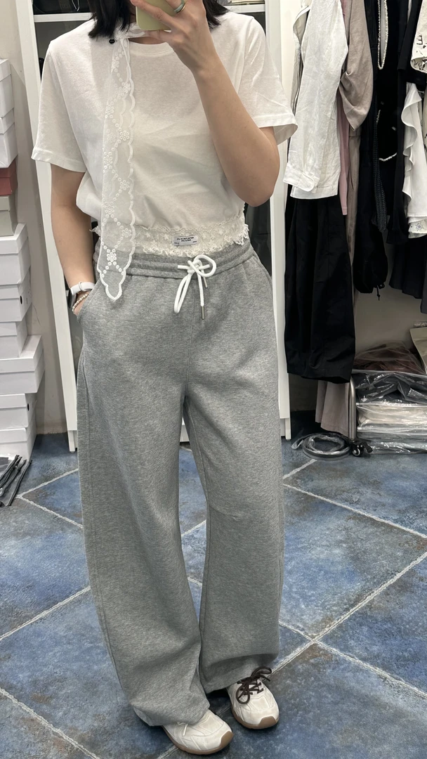 松紧高腰拼接常规薄款春季休闲裤休闲风直筒裤针织灯笼裤长裤