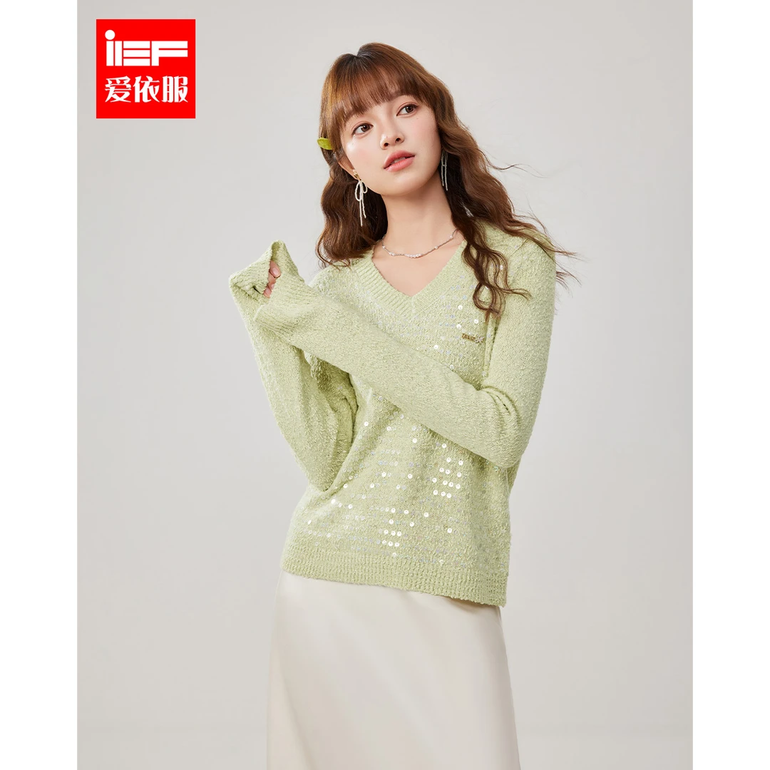 商场新品IEF/爱依服2025春季新款V领慵懒风洋气毛织上衣欧若风