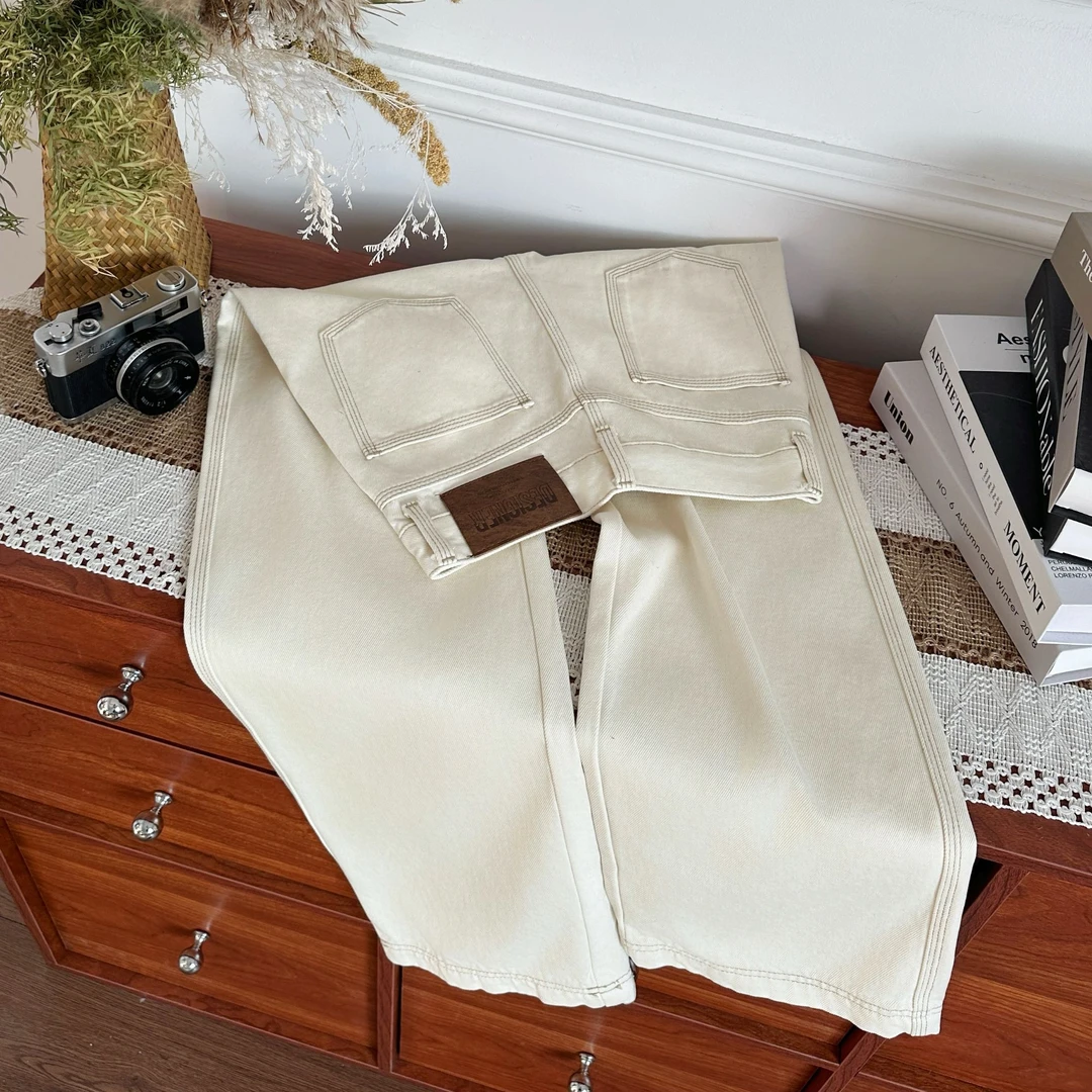 2025夏季薄款米杏色牛仔裤女高腰宽松显瘦时尚窄版直筒阔腿裤子潮