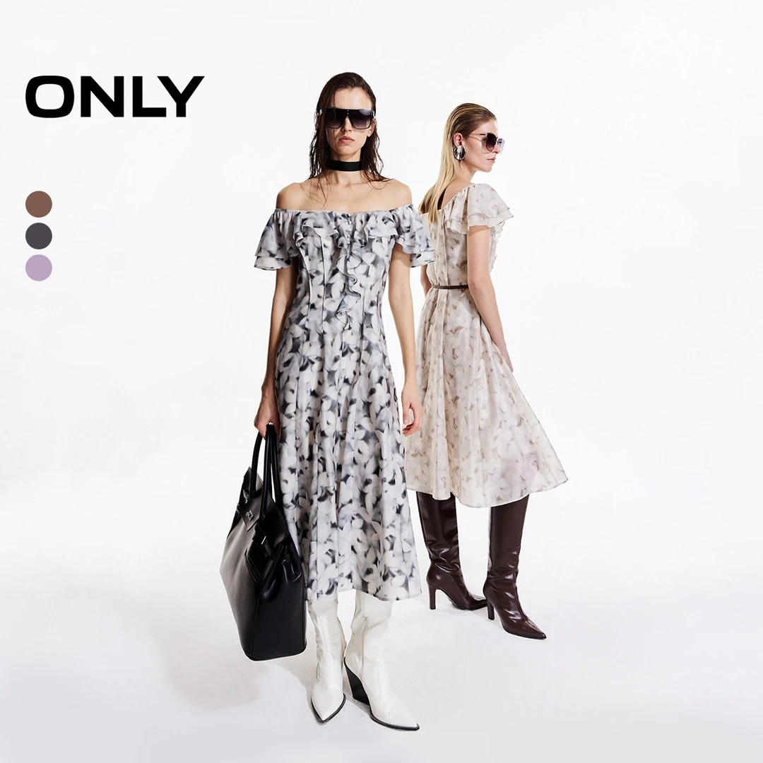 ONLY2025秋季新款甜美荷叶边一字领中长款连衣裙女|125107093