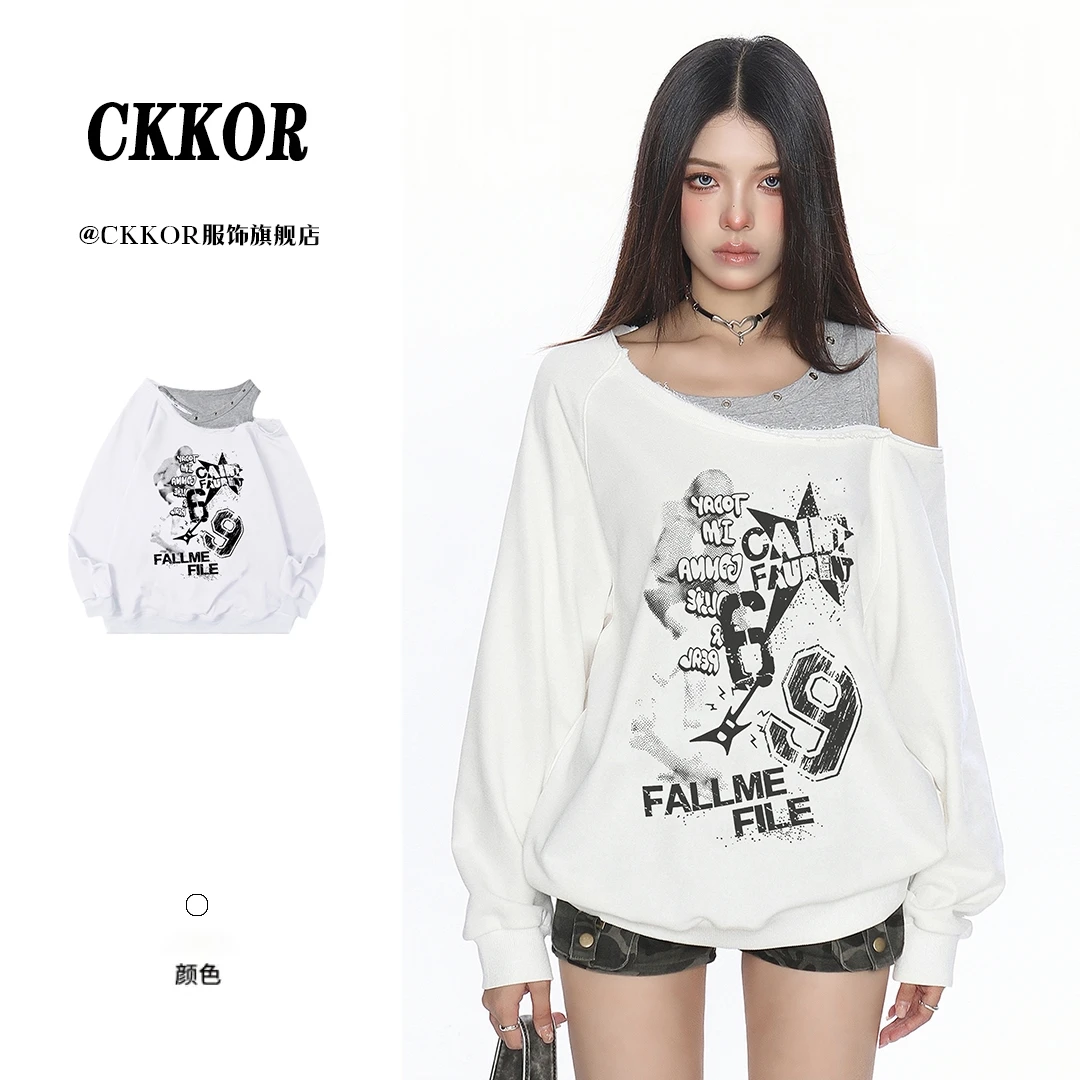 CKKOR美式复古涂鸦撞色露肩假两件长袖卫衣女纯欲风小众辣妹上衣