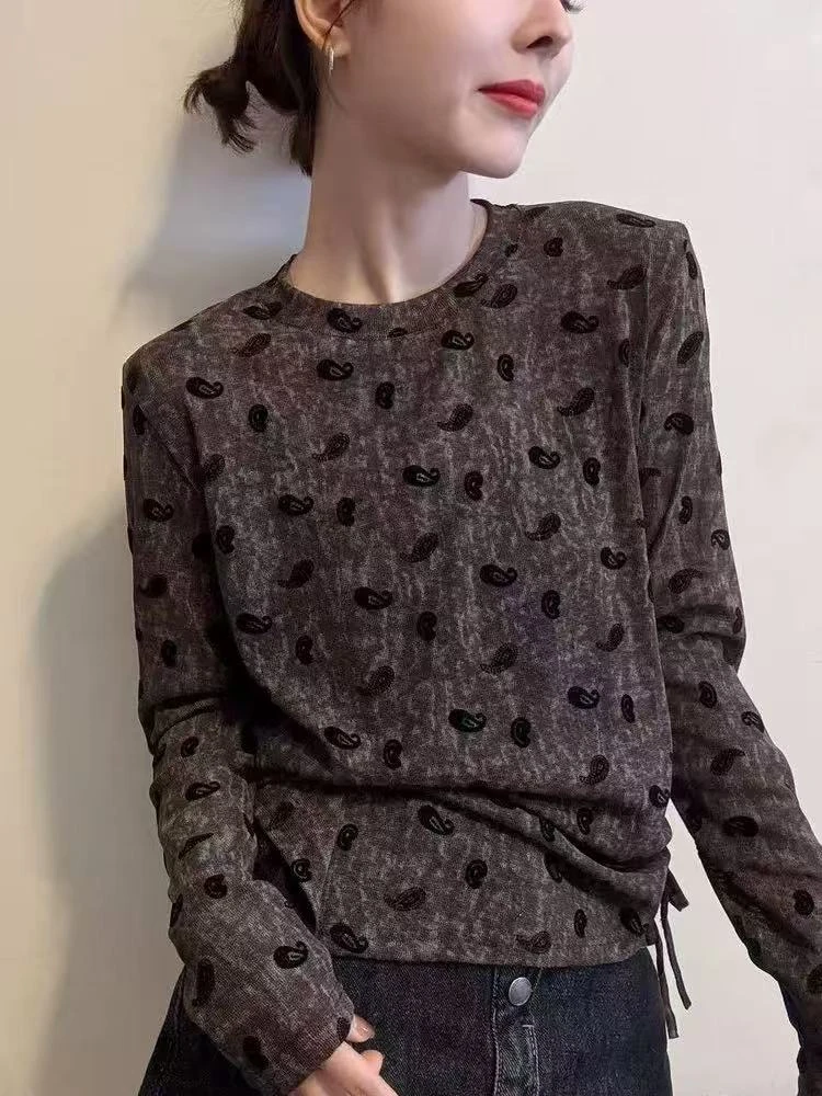 显瘦长袖圆领气质女早秋女士扎染T恤常规时尚女士