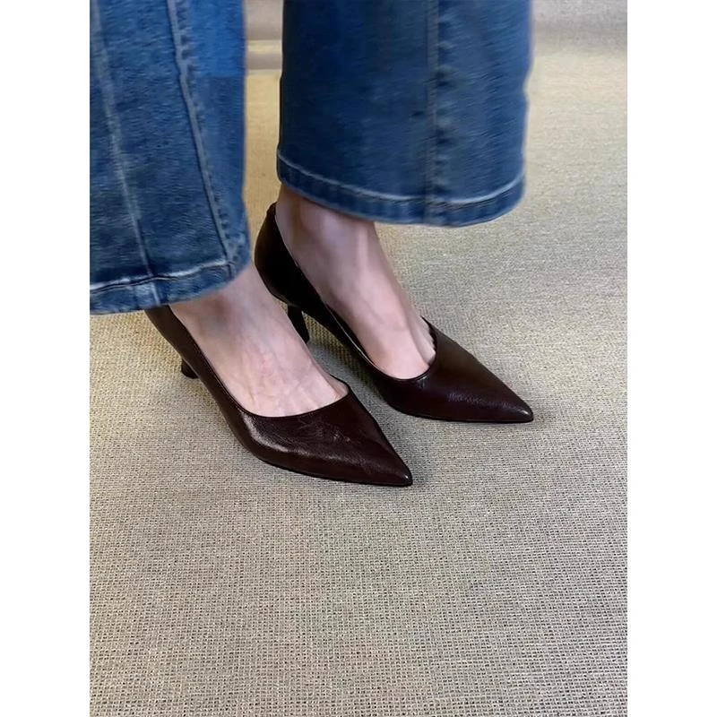 黑色高跟鞋女猫跟2025新款法式气质百搭尖头细跟单鞋职业浅口女鞋