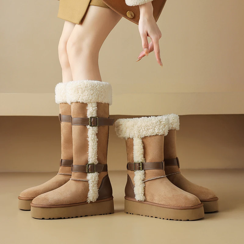 保暖胶粘时尚雪地靴靴子皮毛一体棉鞋中筒女鞋长筒高筒冬季加厚
