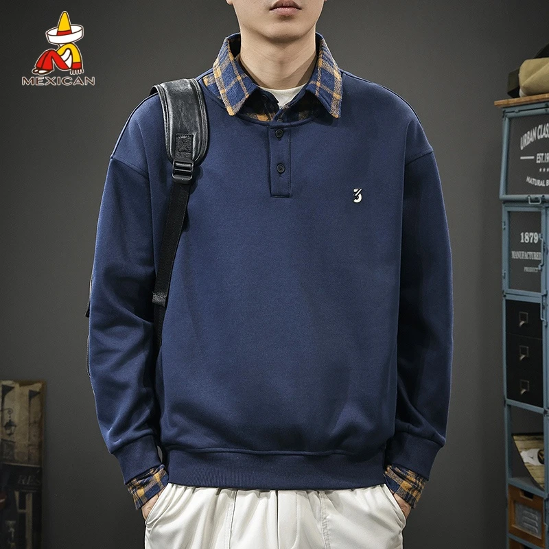 Mexican/稻草人美式潮牌假两件polo衫男款秋季宽松高级格子保罗衫