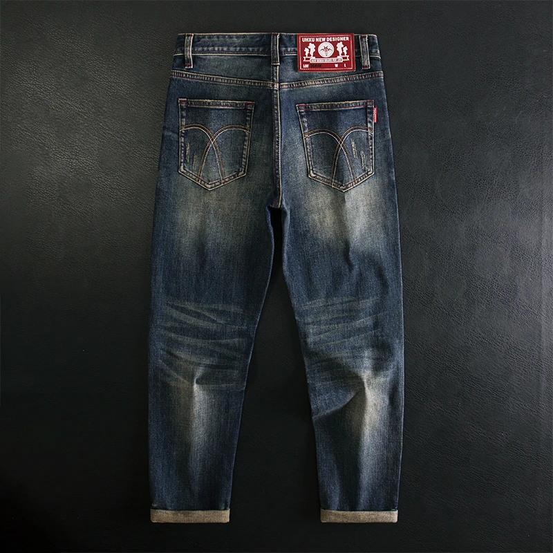 秋冬新款美式复古牛仔裤男士修身小直筒弹力磨破重工水洗百搭潮流