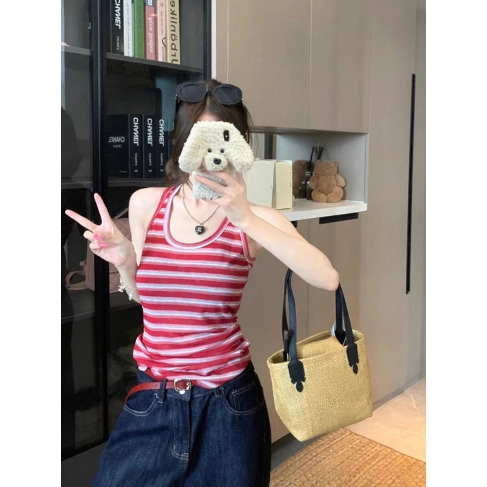 复古红色条纹挂脖吊带背心女夏辣妹性感露背修身显瘦无袖上衣外穿