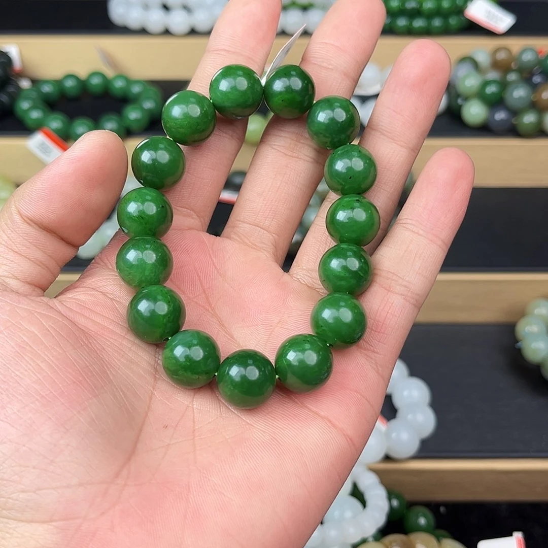 和田玉手串未镶嵌纯天然俄罗斯碧玉五号矿辣绿14mm