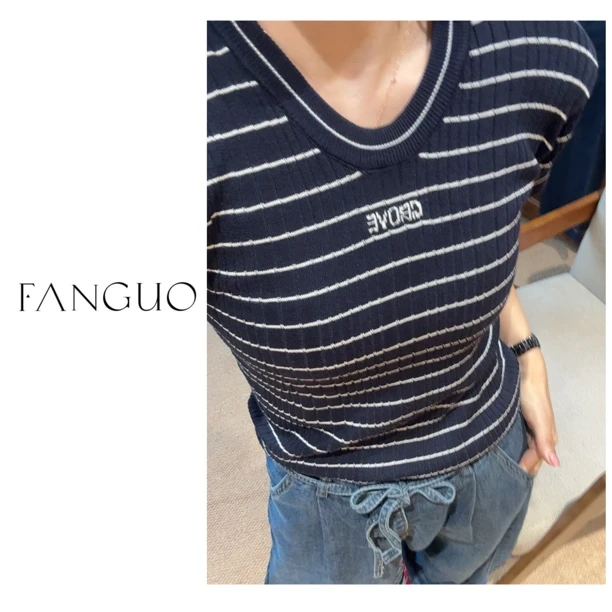 韩国g*ov* 缪系少女感 巨显瘦 弹力修身显瘦条纹短袖针织衫B7215