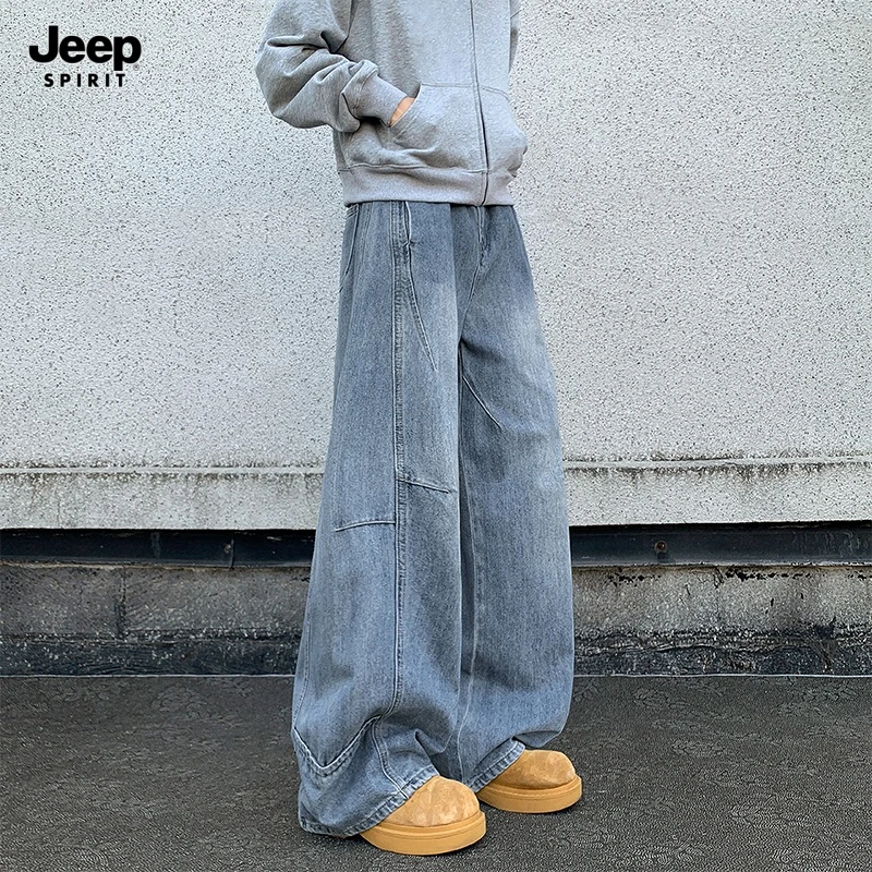 JEEPSPIRIT吉普长裤中腰春秋水洗中裤复古牛仔裤潮流美式高街山系
