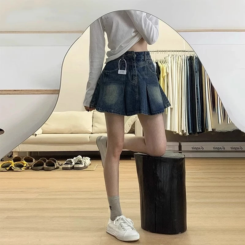 雪千羽美式复古高腰牛仔半身裙女2025夏辣妹防走光设计感百褶短裙