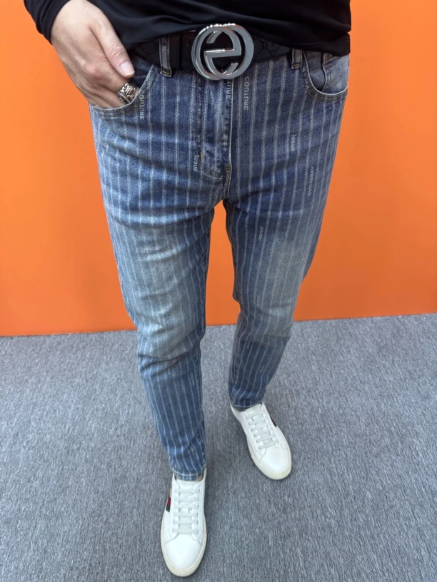 春夏新款条纹牛仔裤修身小脚男时尚百搭印花休闲裤弹力韩版牛仔裤