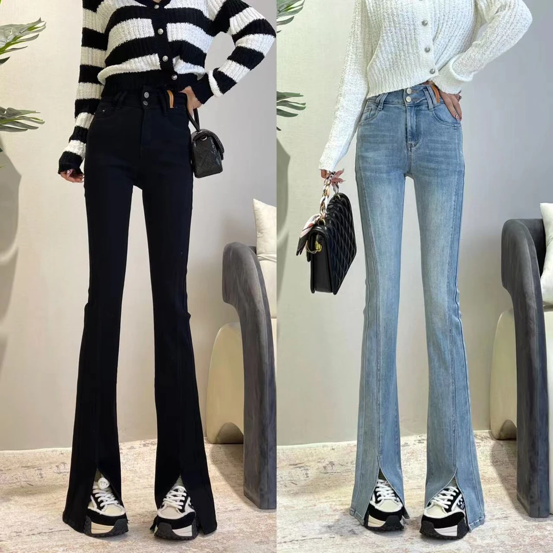 迪否开叉微喇牛仔裤2025秋季新款小个喇叭修身显瘦弹力8806