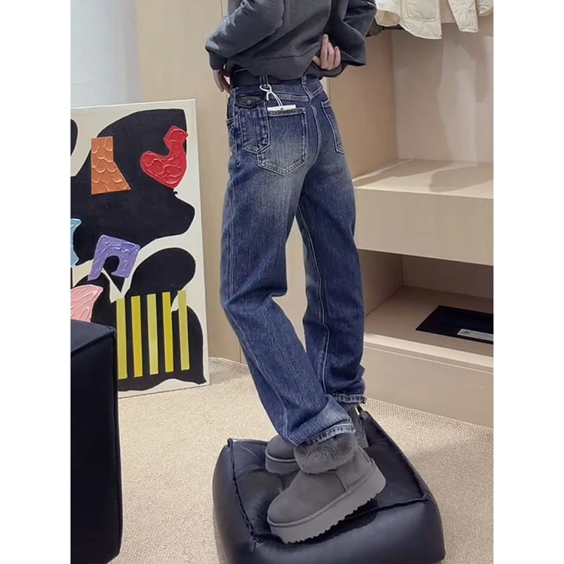 秋冬新款高腰直筒窄版加绒牛仔裤女小个子保暖裤子修身显瘦拖地裤