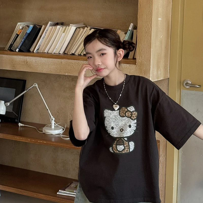 美妞之城2025新品女童中大童KT猫短袖T恤