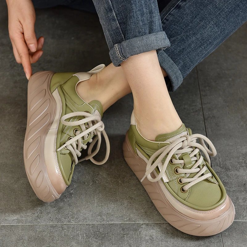 春秋款单鞋厚底女鞋真皮简约系带休闲鞋新款拼色低帮鞋头层牛皮