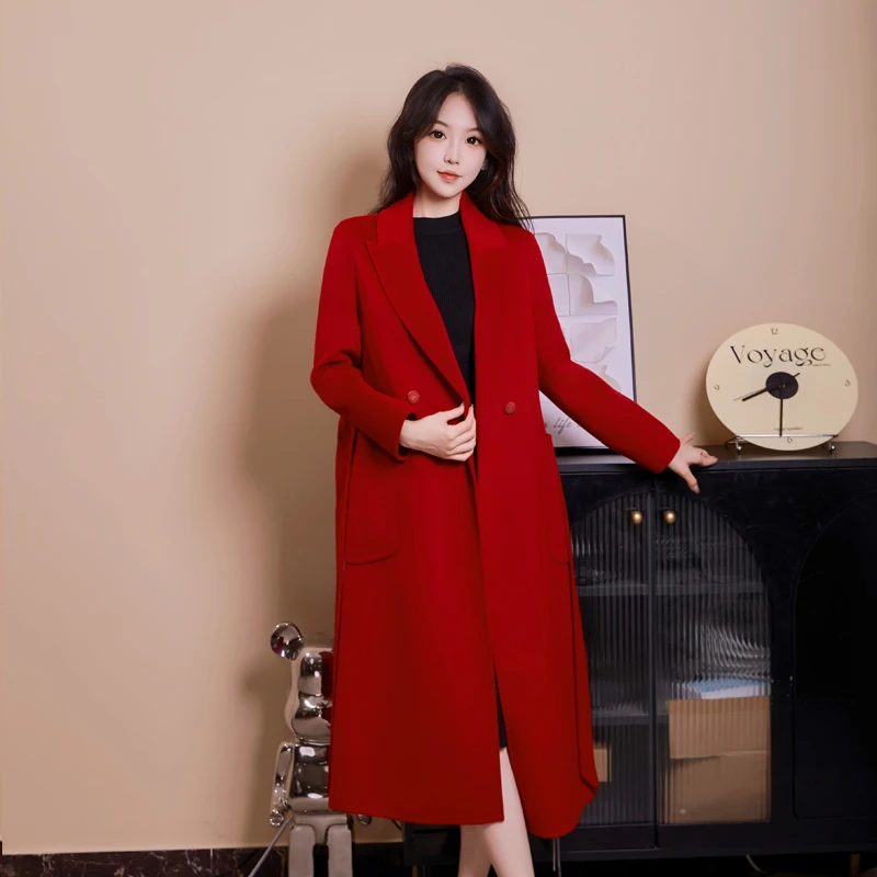 K341长款厚款毛呢羊毛外套光泽大衣排扣宽松呢大衣女装修身-2836