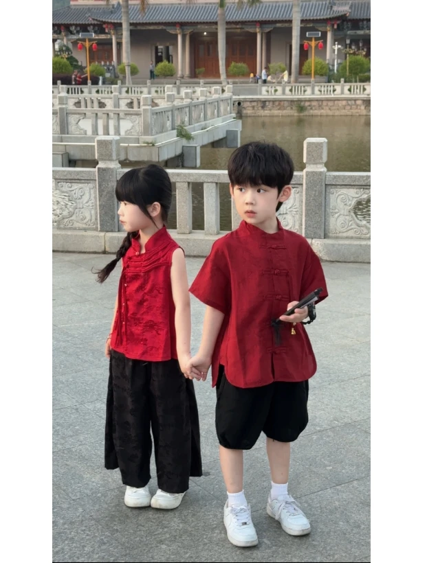 【兄妹款】国风红色夏装套装2025新款洋气儿童新中式夏国风两件套潮