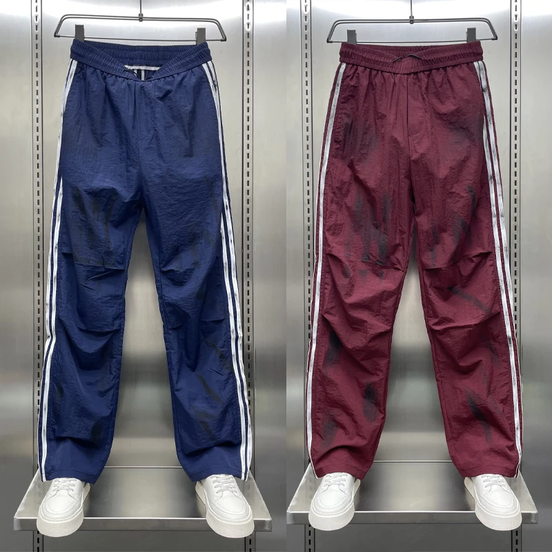夏季新款直筒休闲裤男美式做旧脏脏裤三条杠拼接宽松薄款运动裤子