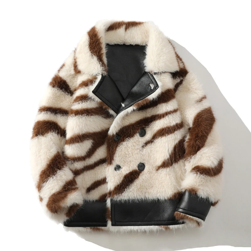 TONKALAUCI冬季保暖外套潮流皮毛一体夹克男士翻领轻奢花色休闲御