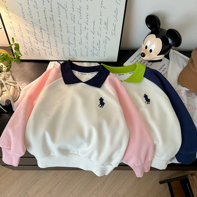 【林总总专属】儿童冬季撞色POLO领加绒卫衣男女童休闲上衣WY24505