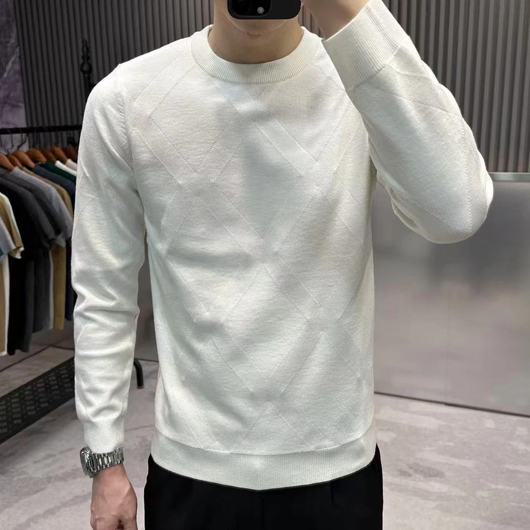 2025秋冬新品男士长袖毛衣针织衫打底衫提花编织纯色修身圆领内搭
